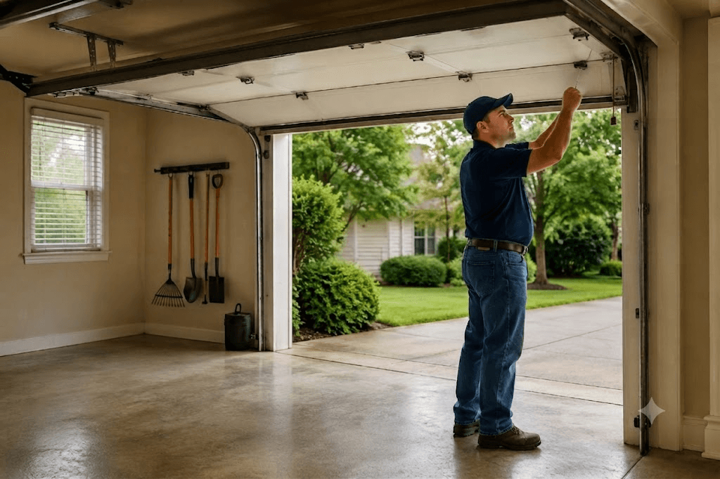 Technician inspecting an open garage door on-site on-site diagnosis in Portland and Salem Metro